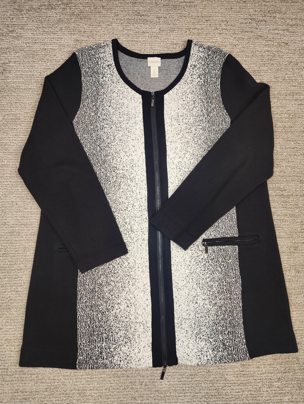 Chico's Long Zip Cardigan Womens 3/XL Black White Textured Modest Office Event